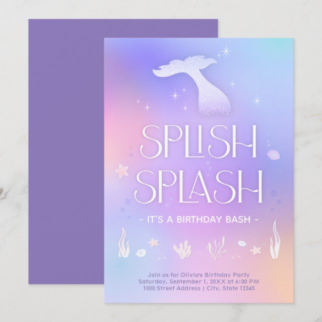 Invitation Flamme grise Whimsical Sparkly Mermaid Anniversair (Devant / Derrière)