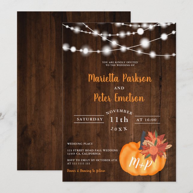 Invitation Flammes de bois citrouille rustique mariage de aut (Devant / Derrière)