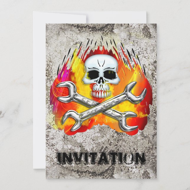 Invitation Flammes de crâne et clés croisées de chrome (Devant)