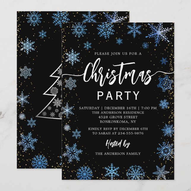 Invitation Flammes de neige bleu noir moderne fête de Noël (Devant / Derrière)