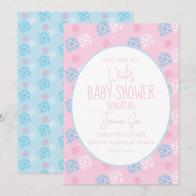 Invitation Flammes de neige en hiver Baby shower bleu rose (Devant / Derrière)