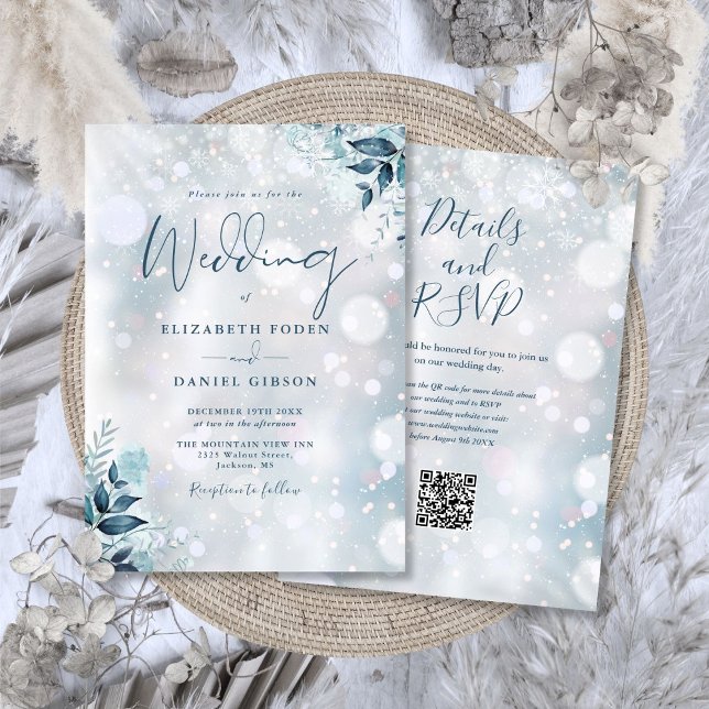 Invitation Flammes de neige florales d'hiver Code QR Mariage (Winter Floral Snowflakes QR Code Wedding Invitation)