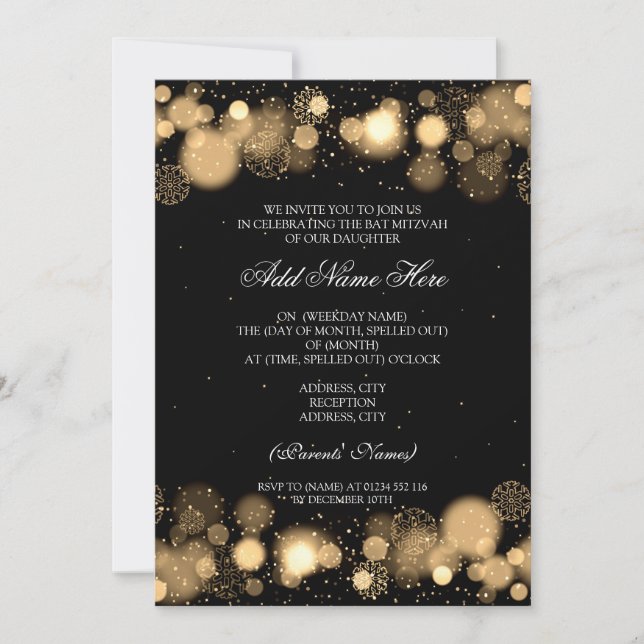 Invitation Flammes de neige Gold Bat mitzvah d'hiver (Devant)