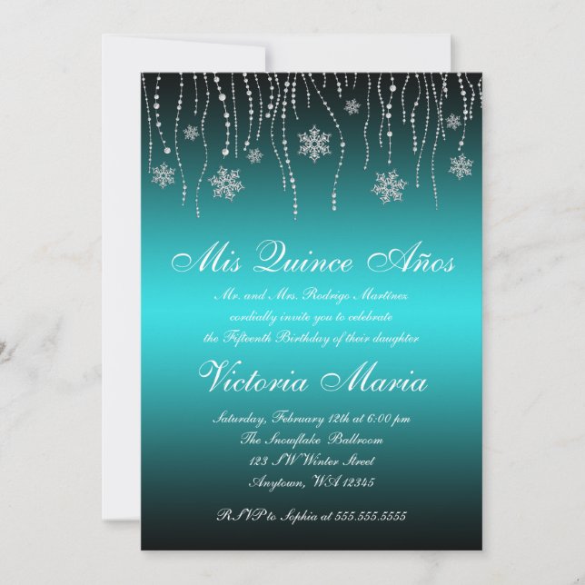 Invitation Flammes de neige noire turquoises Quinceanera fête (Devant)