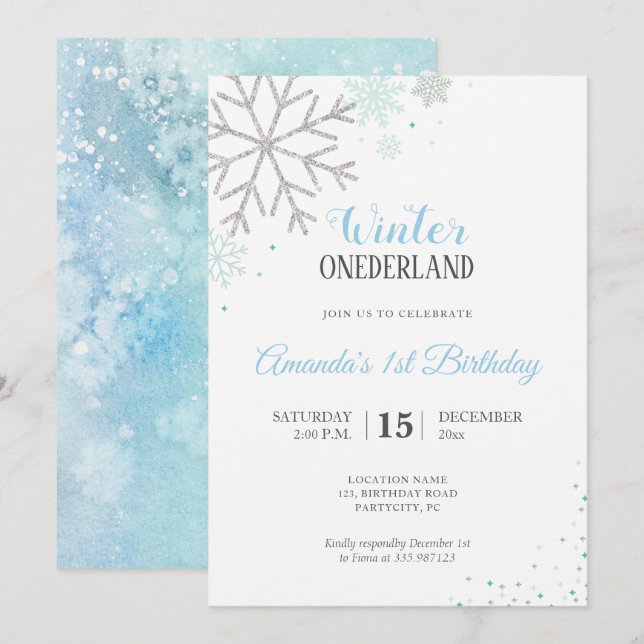 Invitation Flammes de neige pour le premier anniversaire d'hi (Devant / Derrière)