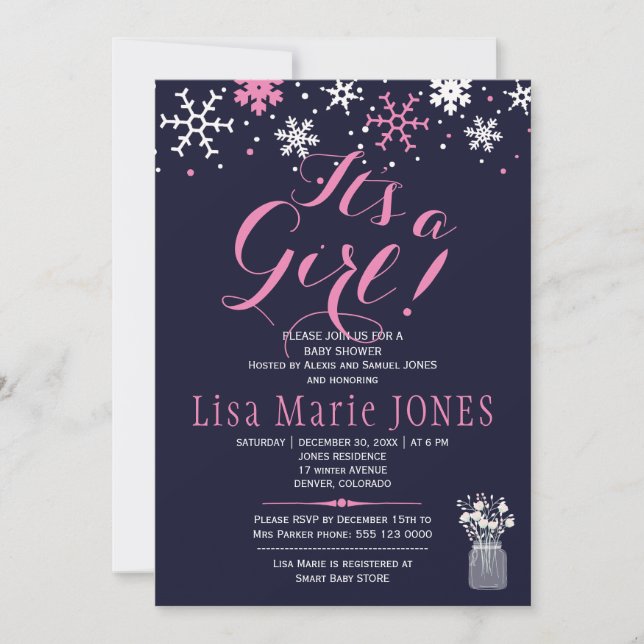 Invitation Flammes de neige rose blanc marine bleu baby showe (Devant)