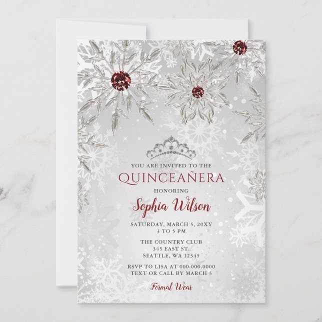 Invitation Flammes de neige rouges en argent Tiara Quinceañer (Devant)