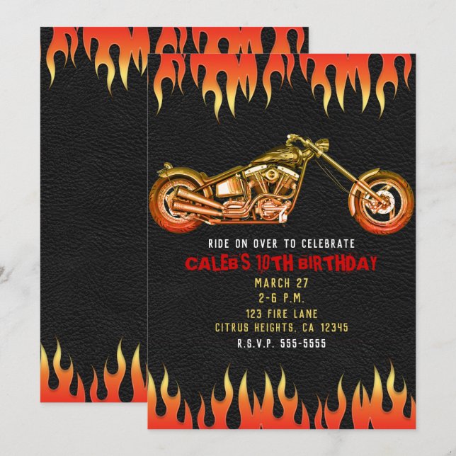 Invitation Flammes rouge et orange Flames Motorcycle Bike Ann (Devant / Derrière)