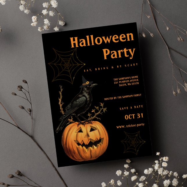 Invitation Flanc de crêpe orange d'oiseau noir (Black bird orange jack lantern Halloween Party)
