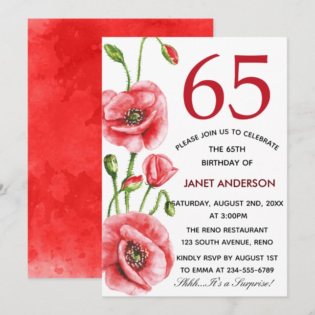 Invitation Flandres Pavot Aquarelle 65e anniversaire (Devant / Derrière)