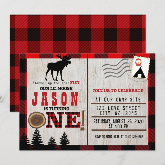 Invitation Flanel vers le haut pour s'amuser Little Moose 1er (Devant / Derrière)