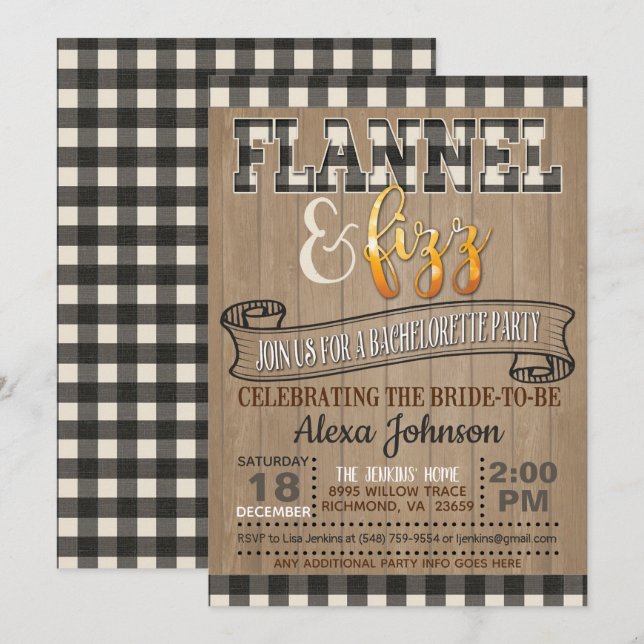 Invitation Flannel et Fizz Bachelorette Party - Blanc (Devant / Derrière)