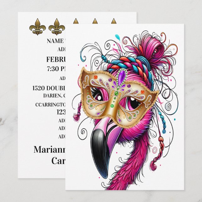 Invitation Flaunty Flamant rose Mardi Gras (Devant / Derrière)