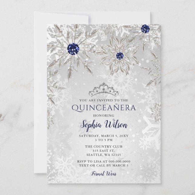 Invitation Fléaux de neige de la marine d'argent Tiara Quince (Devant)