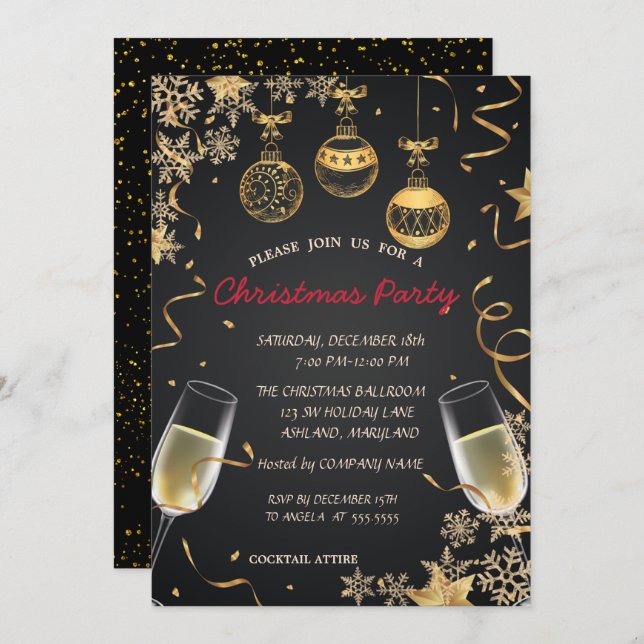 Invitation Flèche de neige, Boules, Confetti Fête de Noël d'e (Devant / Derrière)