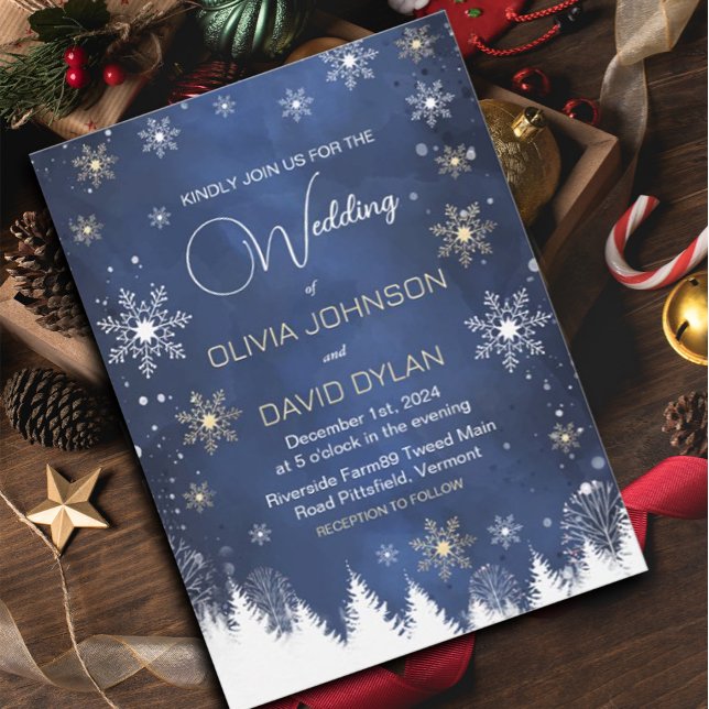 Invitation Flèche de neige moderne Marine et Mariage d'or (#zazzlemade #Modernsnowflake #snowflakesnavyblue #ChristmasInvitation #snowflake #snowholiday )