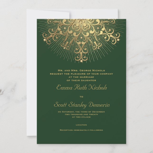 Invitation Flèche dorée sur le vert élégant mariage d'hiver