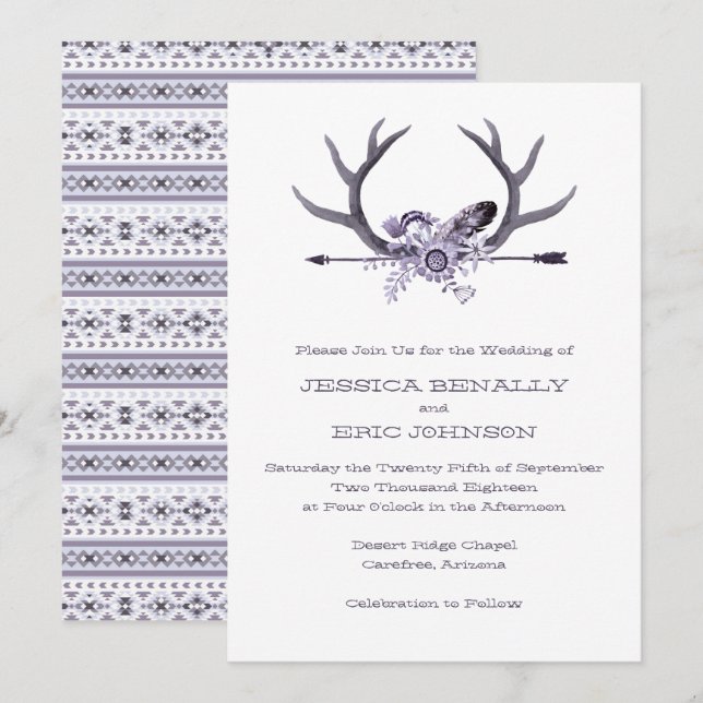 Invitation Flèche tribale et violet d'Antlers (Devant / Derrière)