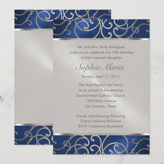 Invitation Flèches bleu et argent de la Quinceanera Navy (Devant / Derrière)