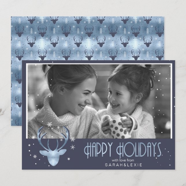 Invitation Flèches de cerfs Antlers Photo de Noël V2 Blue ID8 (Devant / Derrière)