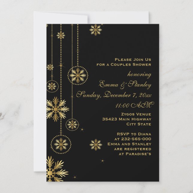 Invitation Flèches de neige dorées mariage noir douche (Devant)