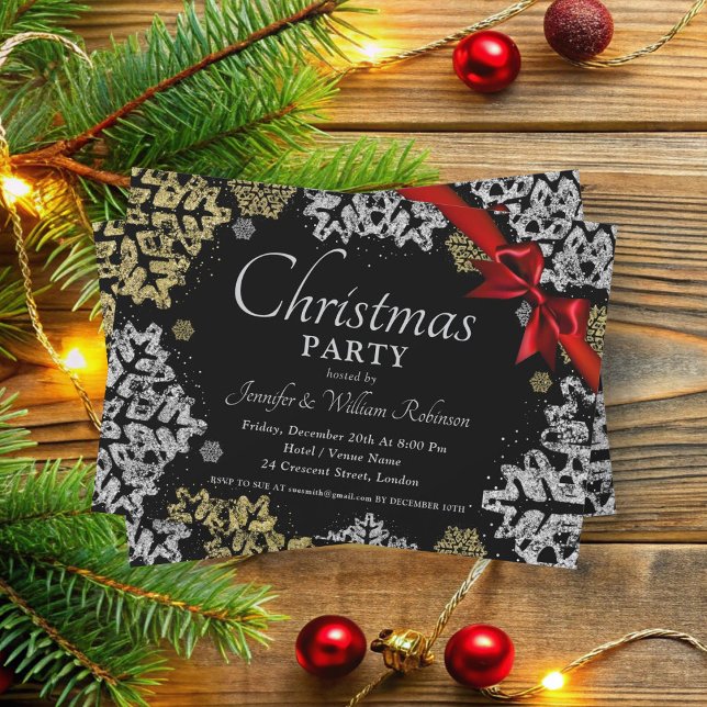 Invitation Flèches de neige en or et en argent simples Jours  (Simple Gold & Silver Snowflakes Xmas Holiday Black Invitation)