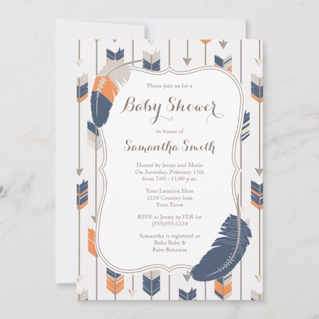 Invitation Flèches en plumes tribales Baby shower Marine Oran (Devant)
