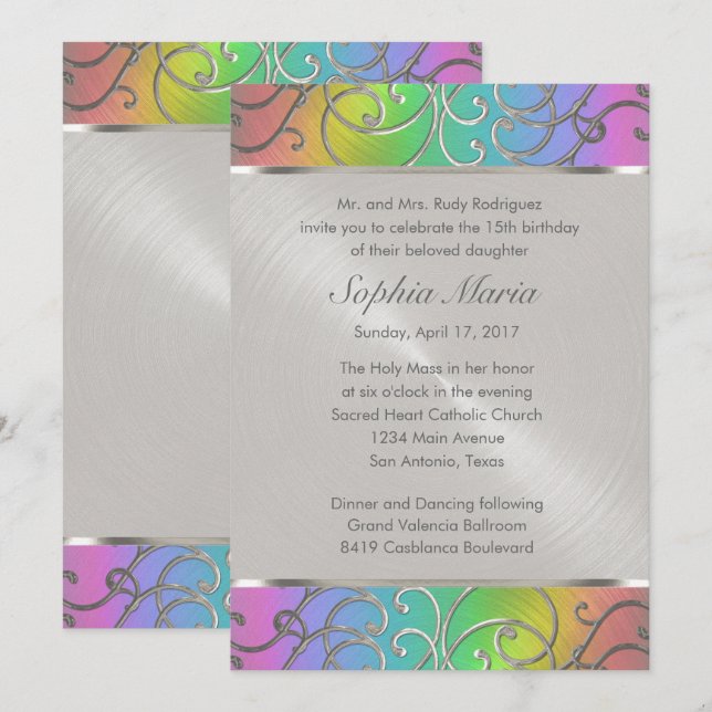 Invitation Flèches Quinceanera Arc en ciel et Filigree en arg (Devant / Derrière)