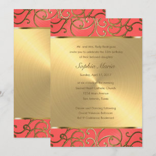 Invitation Flèches quinceanera Coral rose et Gold Filigree