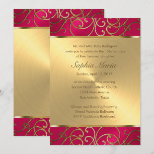 Invitation Flèches Quinceanera Magenta Rose et Filigree Or