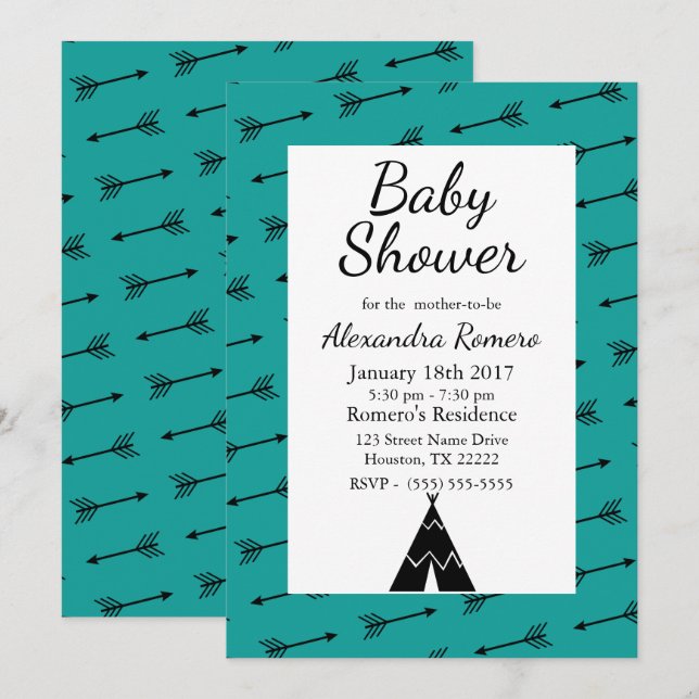 Invitation Flèches tribales noires et Baby shower TeePee (Devant / Derrière)