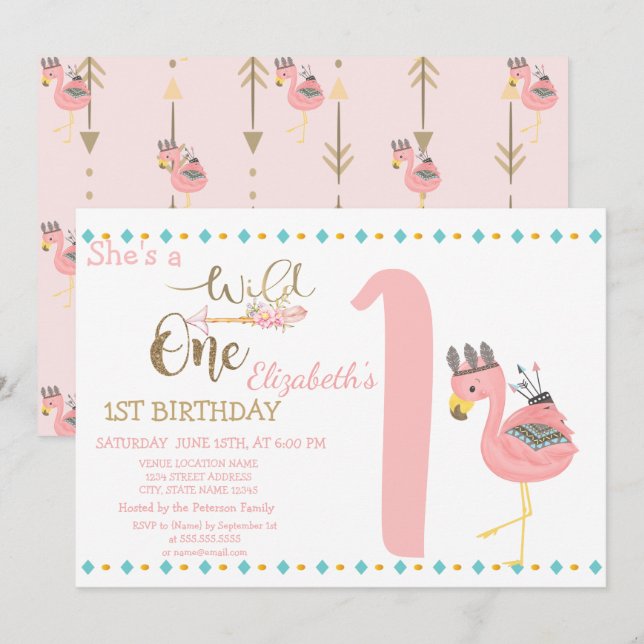 Invitation Flèches Un Sauvage, Flamant rose Rose premier anni (Devant / Derrière)
