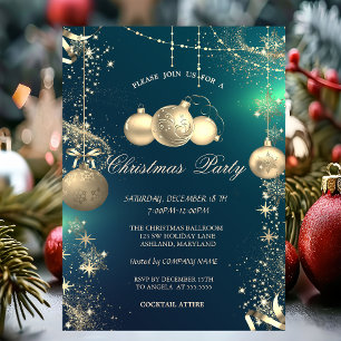 Invitation Fléchettes de neige en or, Boules de Noël en or