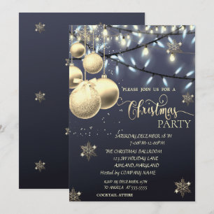 Invitation Fléchettes de neige en or, Boules, Fête de Noël Bl