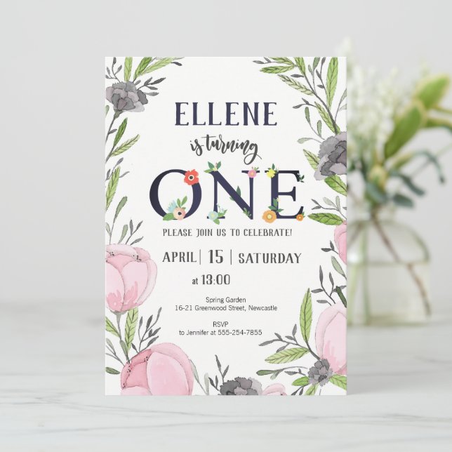 Invitation Fleur 1er anniversaire Invitation, Fille 1er anniv (Debout devant)