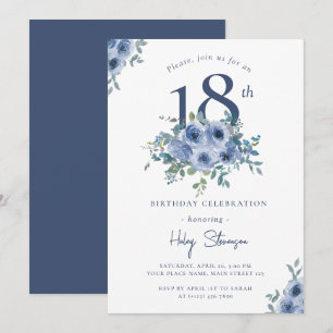 Invitation Fleur aquarelle bleu poussiéreux 18ème anniversair
