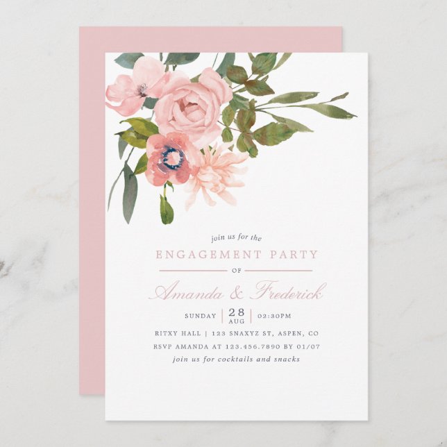 Invitation Fleur aquarelle Blush Pink (Devant / Derrière)