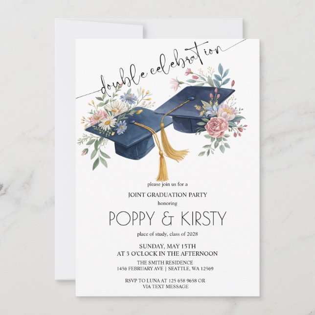 Invitation Fleur aquarelle Double Graduation (Devant)