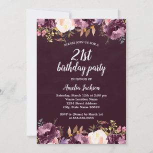 Invitation Fleur aquarelle floraison violette Fête d'annivers