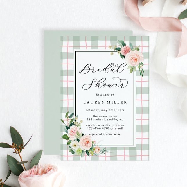 Invitation Fleur aquarelle | Pastel Plaid Fête des mariées (Créateur téléchargé)