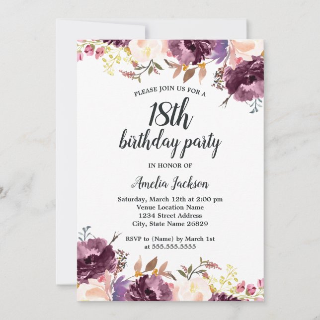 Invitation Fleur Aquarelle violet Floral 18ème anniversaire f (Devant)