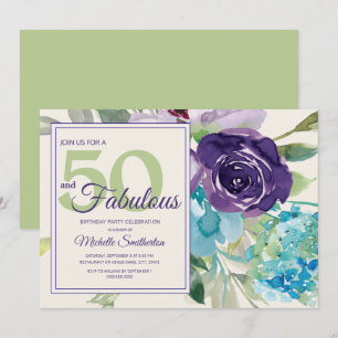 Invitation Fleur aquarelle violet prune bleu 50 et Fabuleux