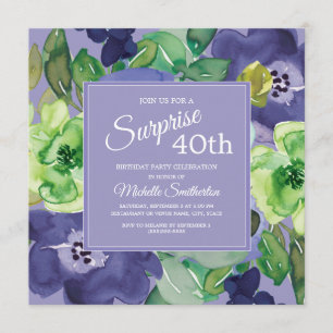 Invitation Fleur aquarelle violet vert marine 40e anniversair