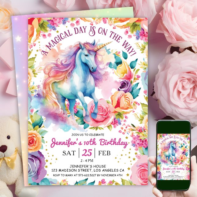 Invitation Fleur arc-en-ciel de Unicorne | 10e anniversaire (#UnicornBirthdayInvitation #UnicornBirthdayInvitationTemplate #UnicornBirthdayInvitationEditable 

)