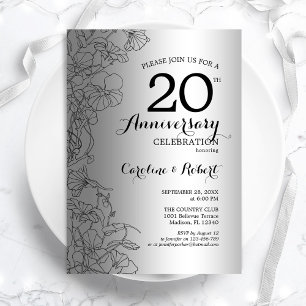 Invitation Fleur Argent Noir 20e Anniversaire