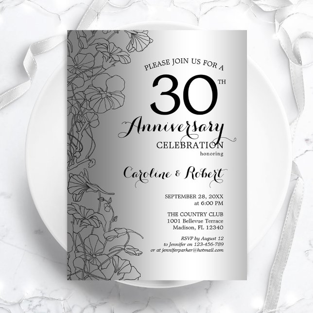 Invitation Fleur Argent Noir 30e Anniversaire (Créateur téléchargé)