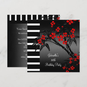 Invitation Fleur asiatique rouge Bambou noir et blanc 30 ans