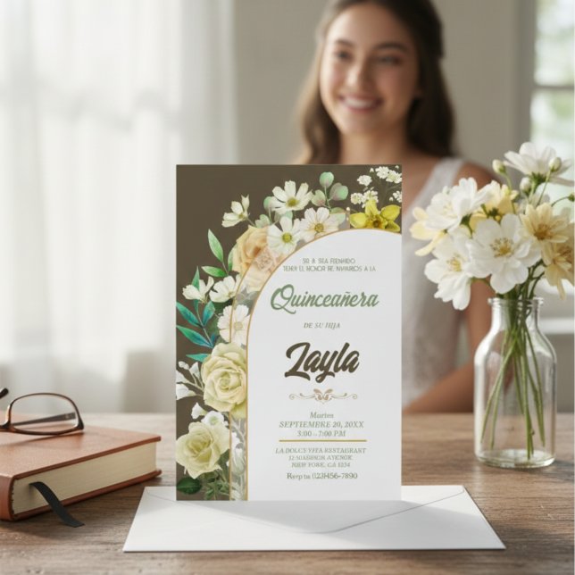 Invitation Fleur avec beauté : Elégant Jaune Floral (Elegant Yellow Floral Quinceañera Invitation)