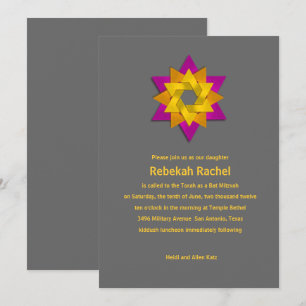 Invitation Fleur bat mitzvah rose orange jaune étoile