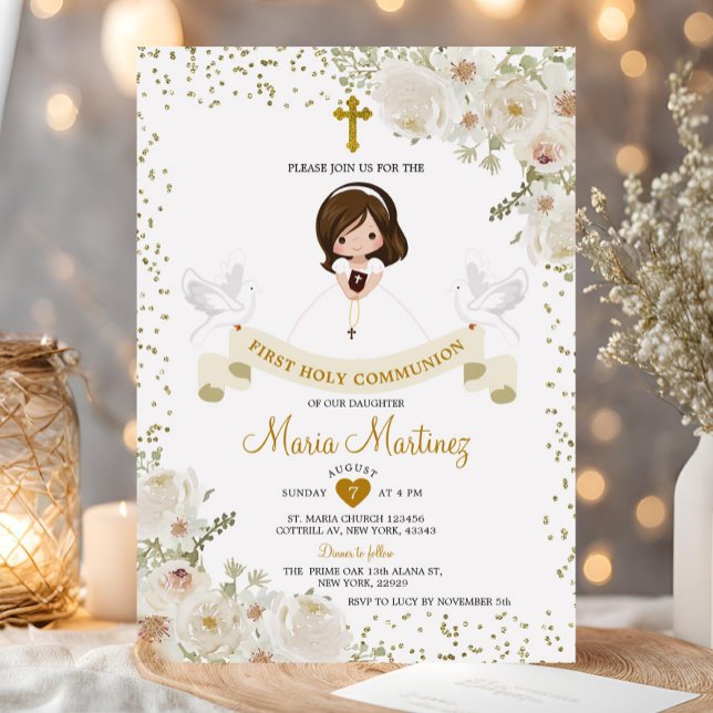 Invitation Fleur blanche 1ère Sainte Communion Parties scinti (Créateur téléchargé)
